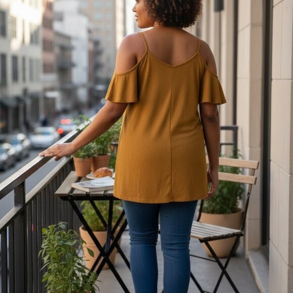 Torrid Plus 2 Mustard Ribbed Cold Shoulder Cami Tunic Boho Chic Summer Fall - Picture 3 of 6